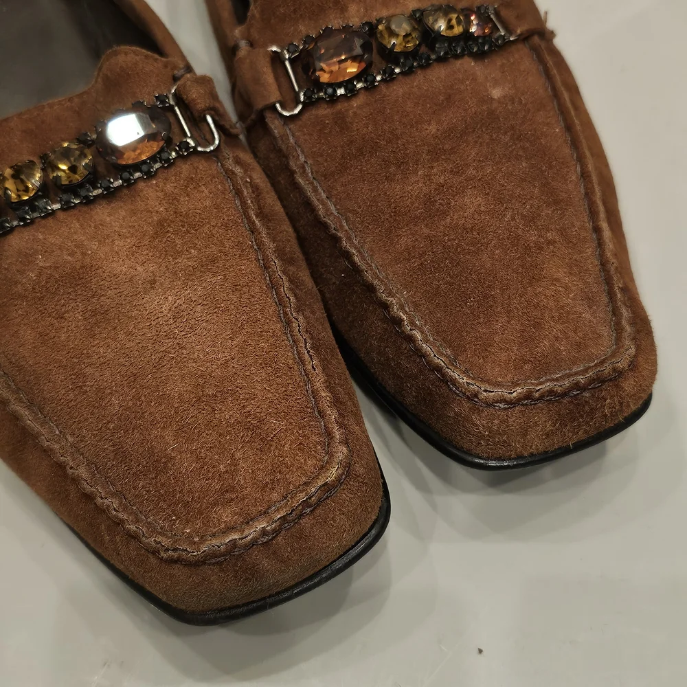 [LIKE NEW] Stuart Weitzman Brown Suede Rhinestone Jeweled Mules Loafers Sz 8.5